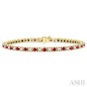 1 1/2 ctw Square Box Link 2.5MM Ruby and Round Cut Diamond Precious Tennis Bracelet in 14K Yellow Gold