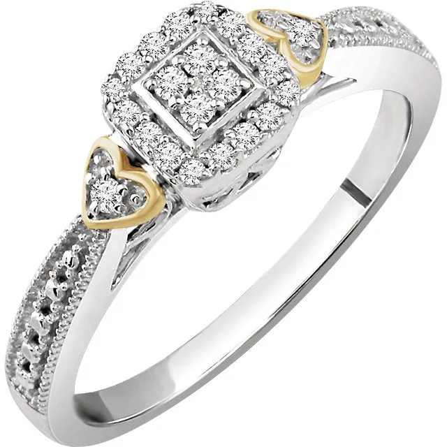 10KT WHITE & YELLOW 1/6 CTW DIAMOND SQUARE AND HEART PROMISE RING