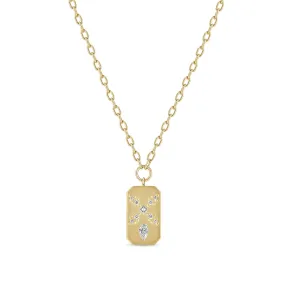 14k Diamond Mosaic Brushed Gold Vertical Dog Tag Square Oval Chain Necklace