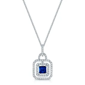 18ct White Gold Diamond Double Halo &  Blue Square Sapphire Pendant