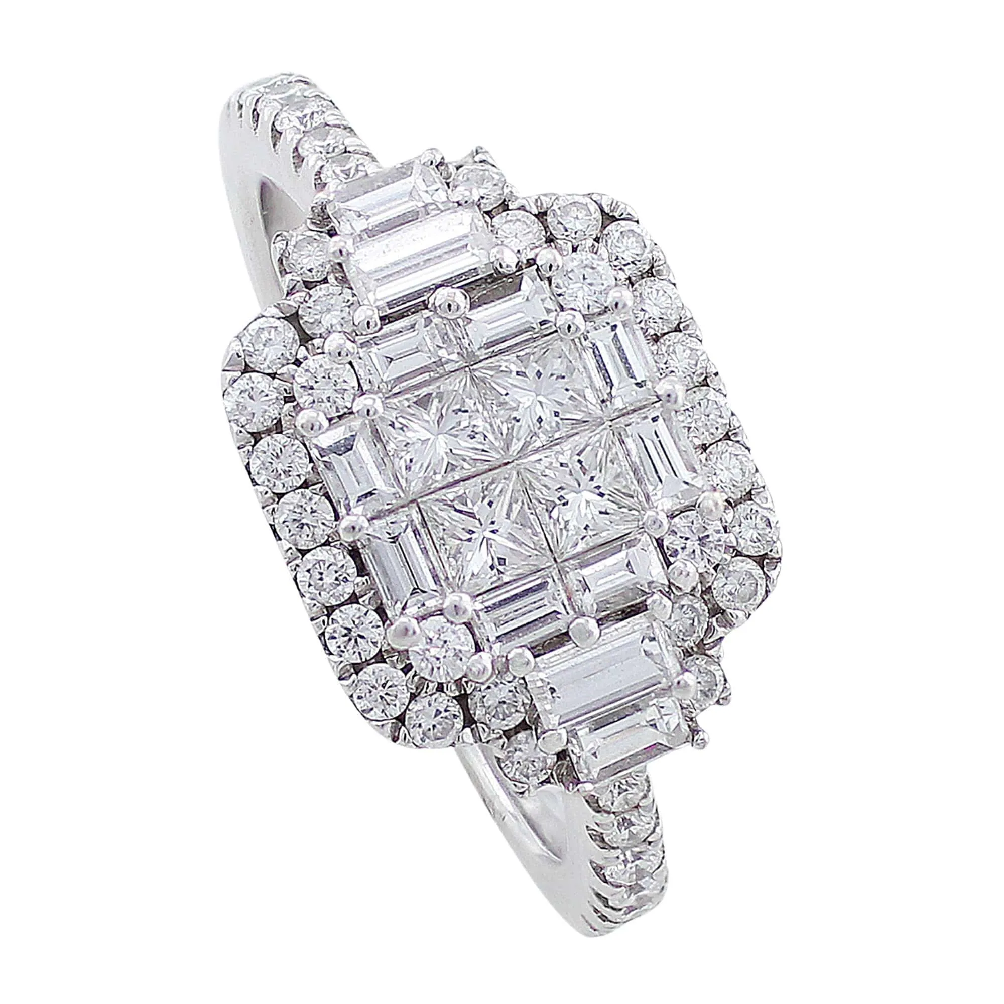 18k White Gold Baguette & Round Cut Square Diamond Ring