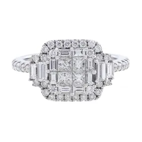 18k White Gold Baguette & Round Cut Square Diamond Ring