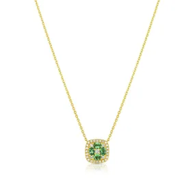 18kt Yellow Gold Green Garnet Diamond Cushion Pendant Necklace