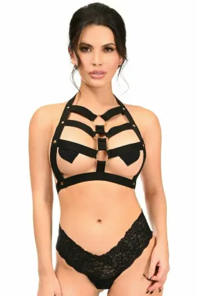 Black Stretchy Body Harness with Gold Hardware