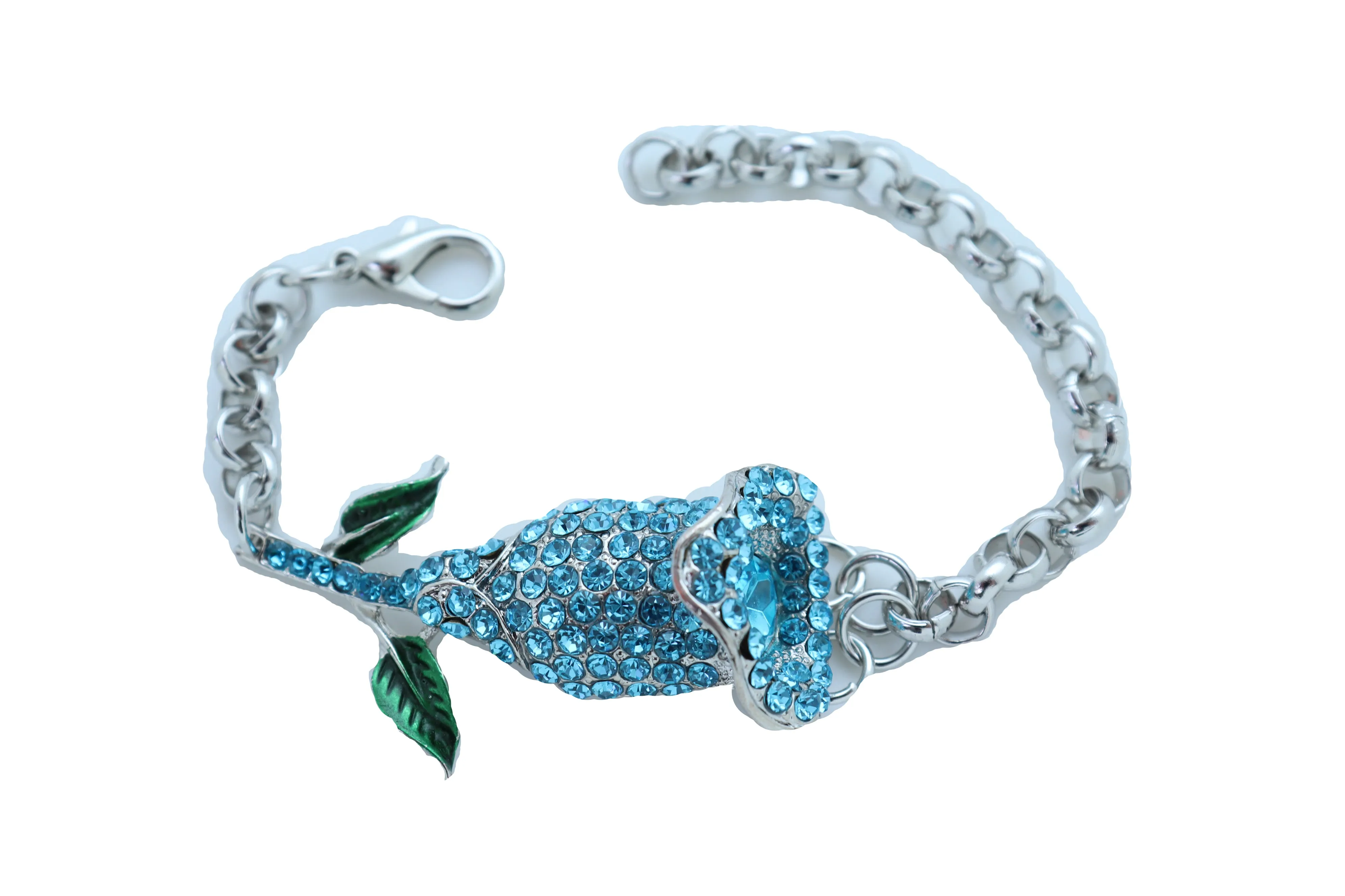 Bracelet Silver Metal Chain Turquoise Blue Flower Wedding