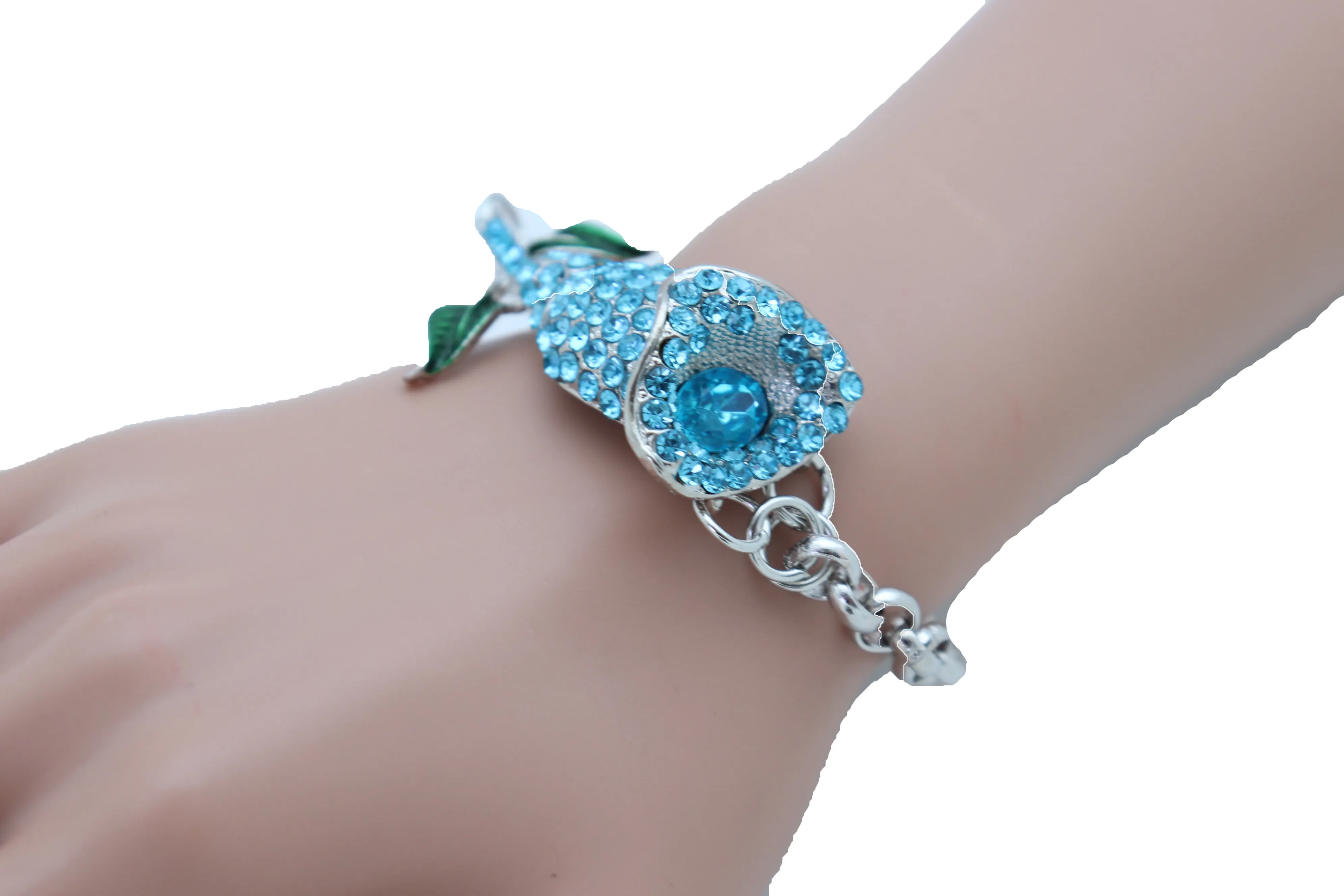 Bracelet Silver Metal Chain Turquoise Blue Flower Wedding