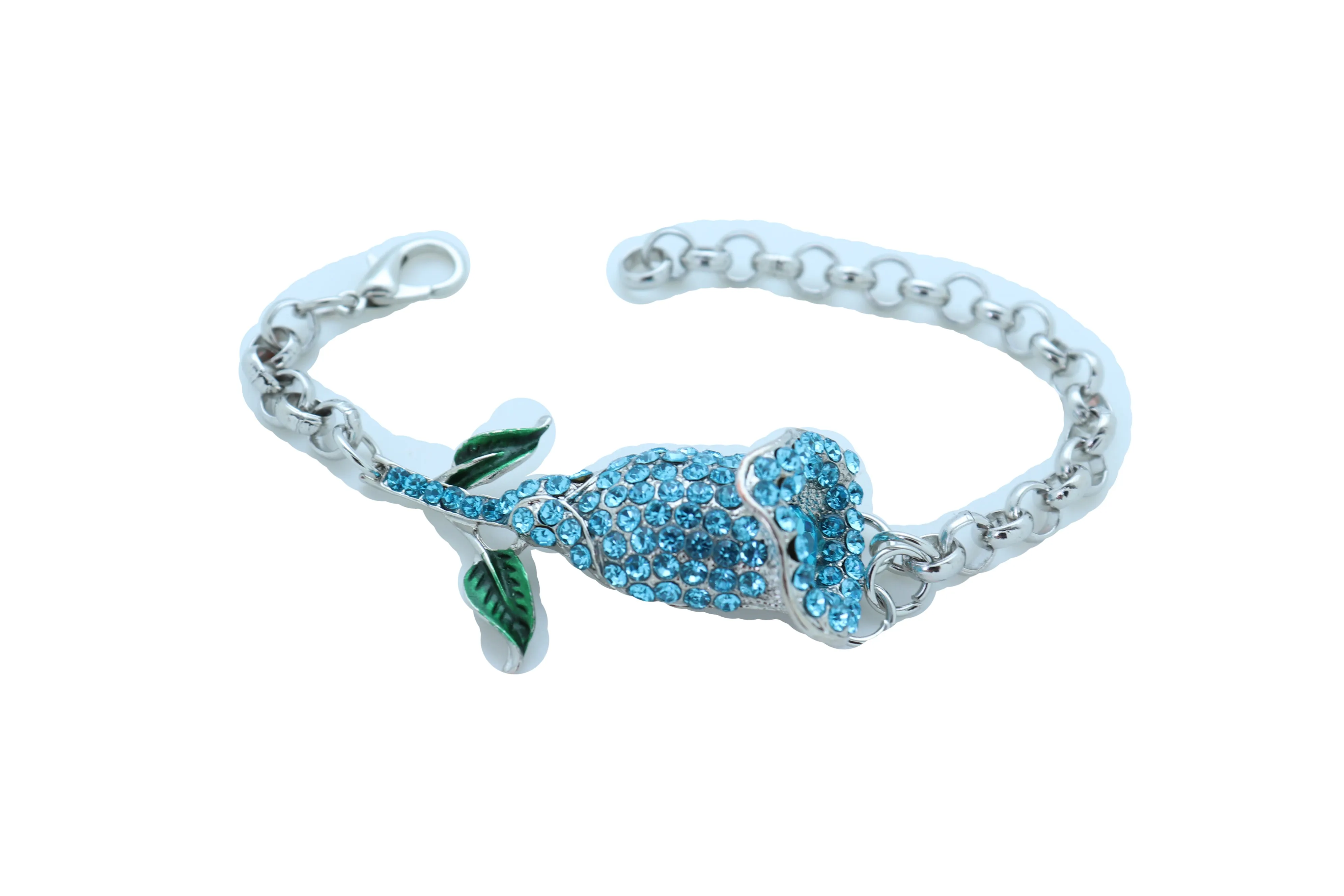 Bracelet Silver Metal Chain Turquoise Blue Flower Wedding