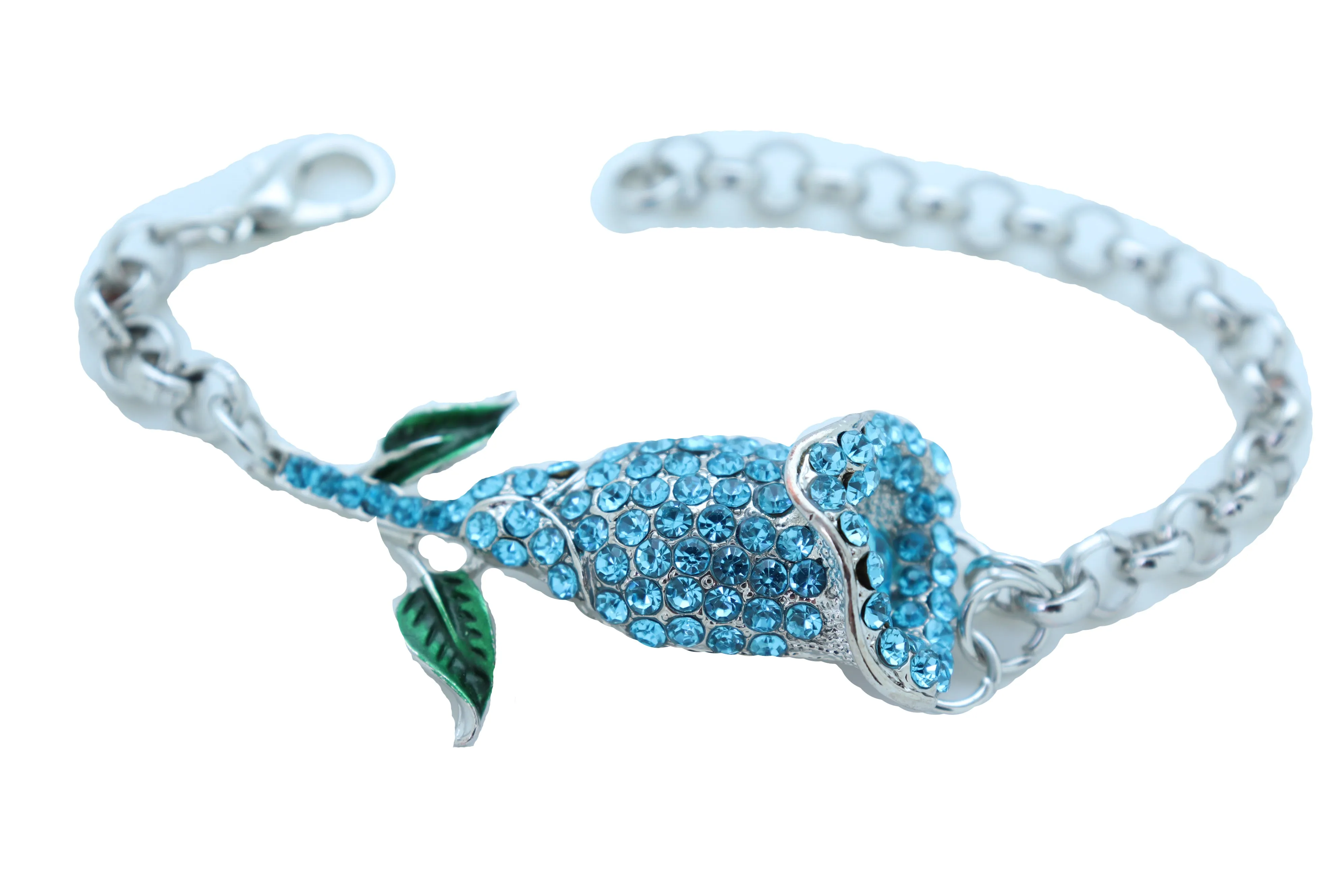 Bracelet Silver Metal Chain Turquoise Blue Flower Wedding