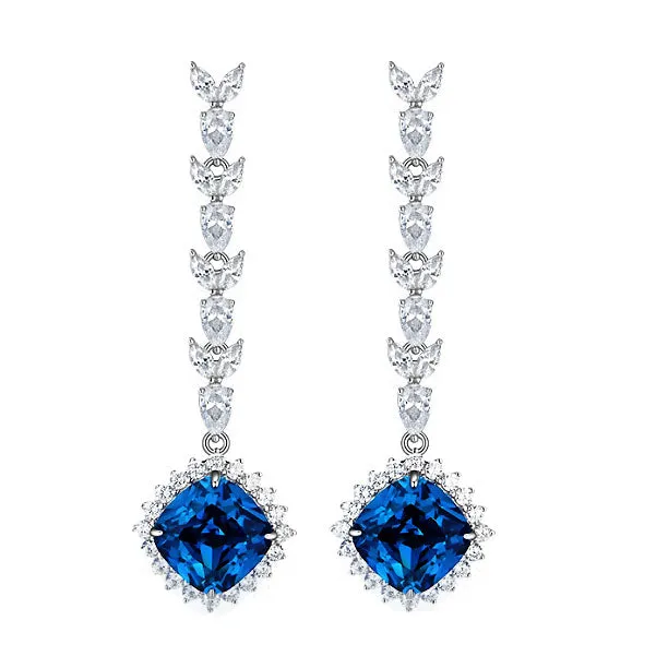 Cushion Cut Sapphire and Diamond Cluster Drop Earrings