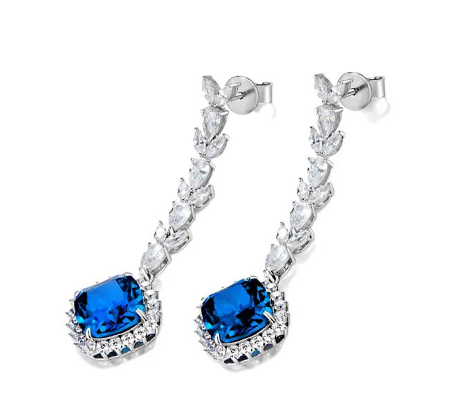 Cushion Cut Sapphire and Diamond Cluster Drop Earrings