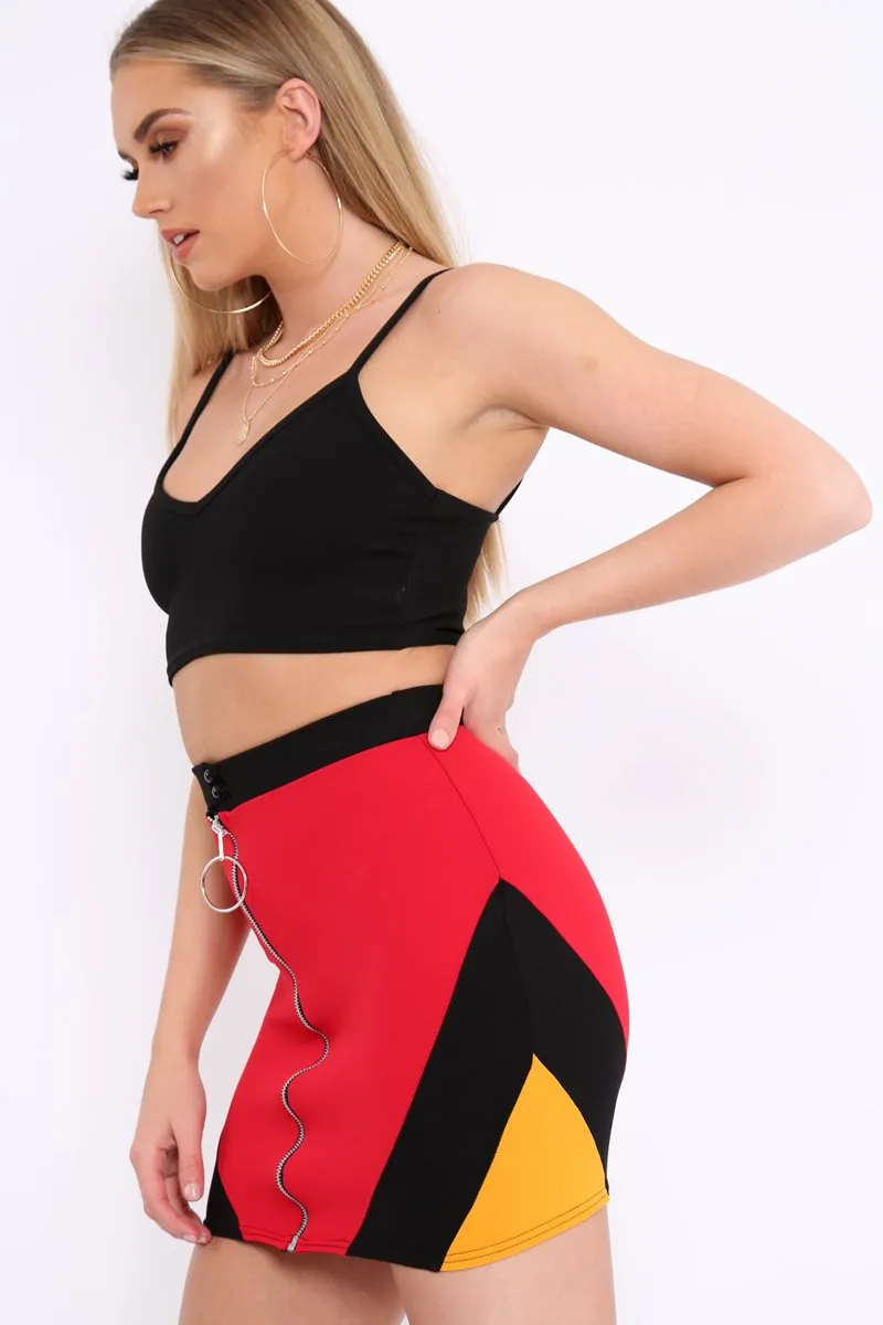 Red Black And Mustard Colour Block Zip Front Mini Skirt and Bralet Co-ord - Kacey