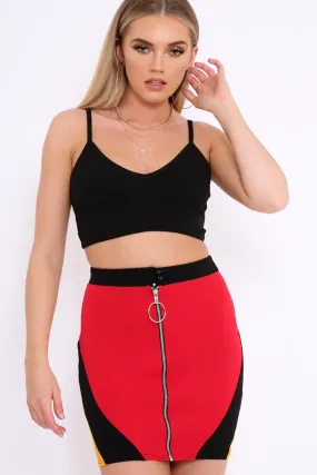 Red Black And Mustard Colour Block Zip Front Mini Skirt and Bralet Co-ord - Kacey