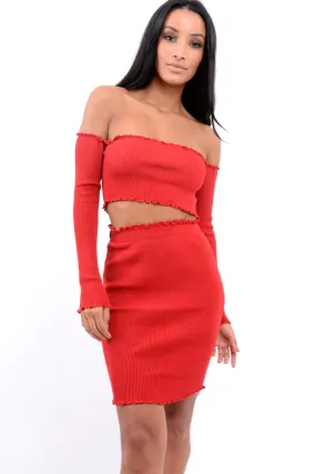 Red Ribbed Knitted Co-ord with Frill Hems - Sicilie