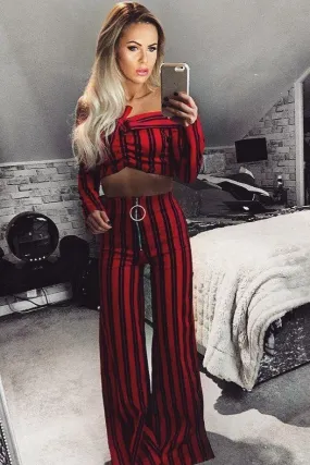 Red Stripe Bardot Ruffle Top and Trouser Set - Inas