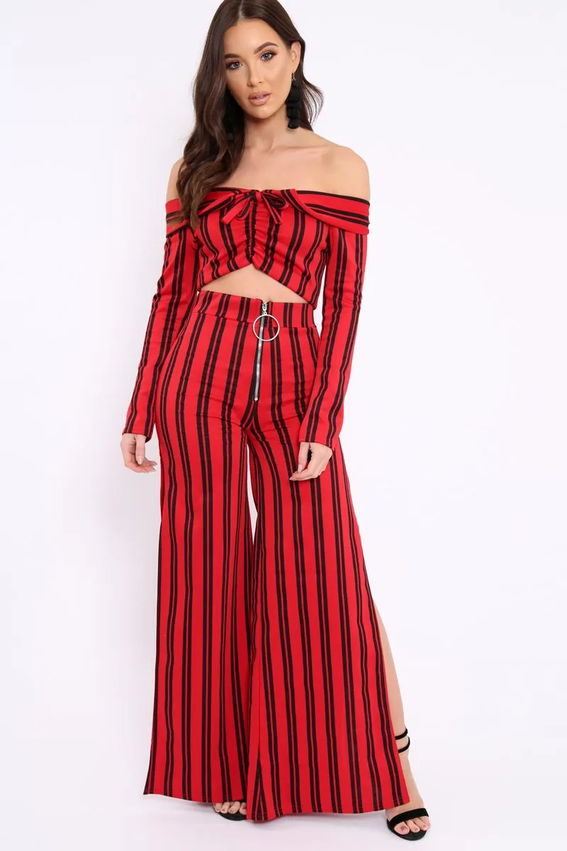 Red Stripe Bardot Ruffle Top and Trouser Set - Inas