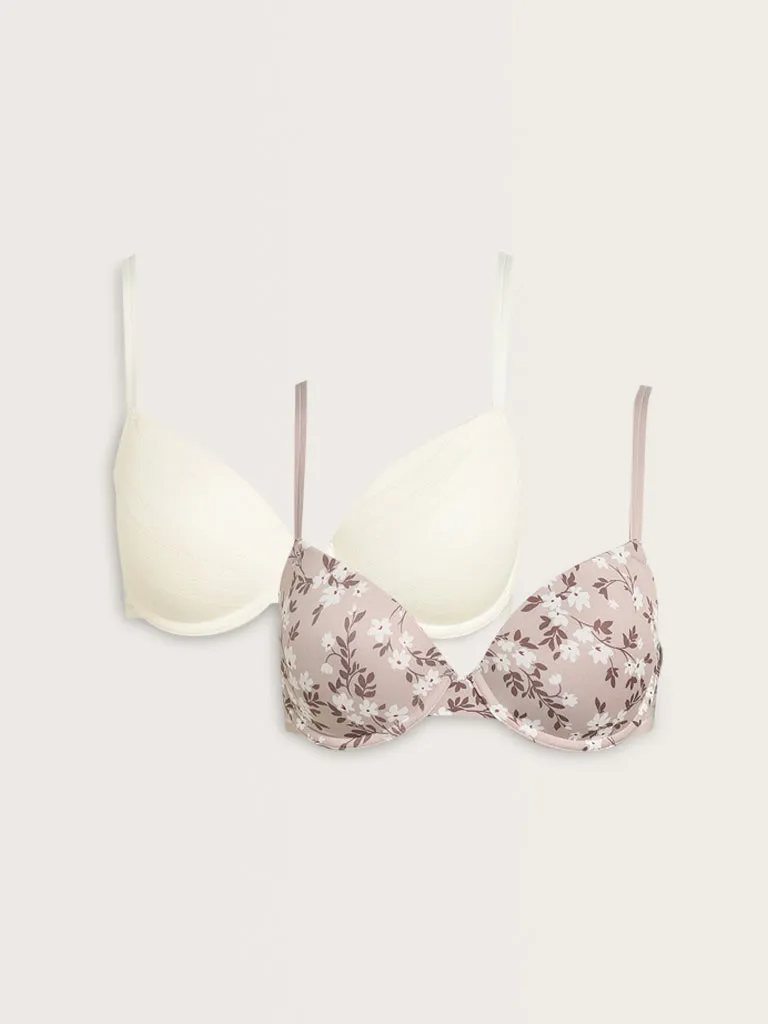 Wunderlove Ivory Floral Printed Padded Bra - Pack of 2